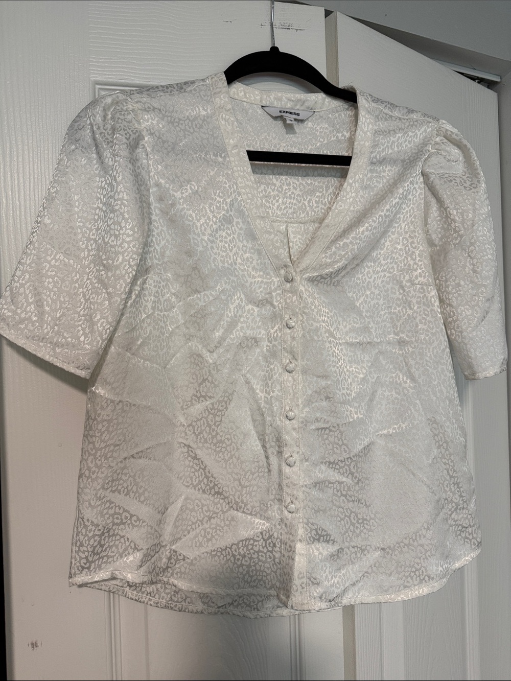 Express White Satin Button-Front Puff Sleeve Blouse